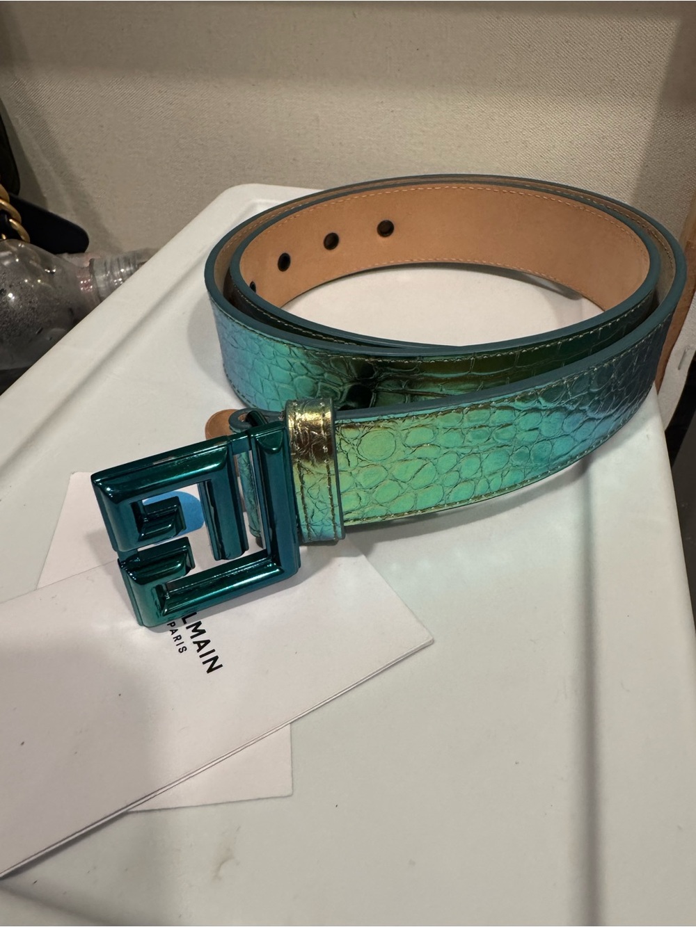Balmain Iridescent Teal Croc-Embossed Leather Belt with Logo Buckle